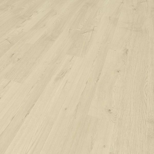 Minerva Oak features light-colored wood with a subtle grain and natural knots for a smooth, clean look. The planks are arranged uniformly, enhancing the elegant and modern appearance of the floor.