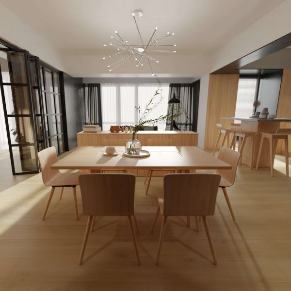 A modern dining room featuring the Griffin Oak wooden table with four chairs, a branch-filled vase centerpiece, large windows draped in sheer curtains, and a stylish chandelier overhead creates an open, light-filled space.