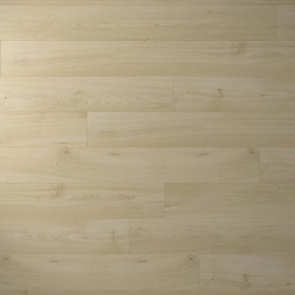 Griffin Oak features light-colored wide planks with a smooth finish, arranged in a staggered pattern. Visible wood grain and natural knots provide a clean, modern look.