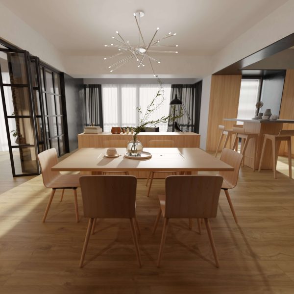 Modern dining room featuring the Juventas Oak light wood table with four chairs, minimalist décor, a vase with branches, large windows in the background, and a contemporary chandelier above.
