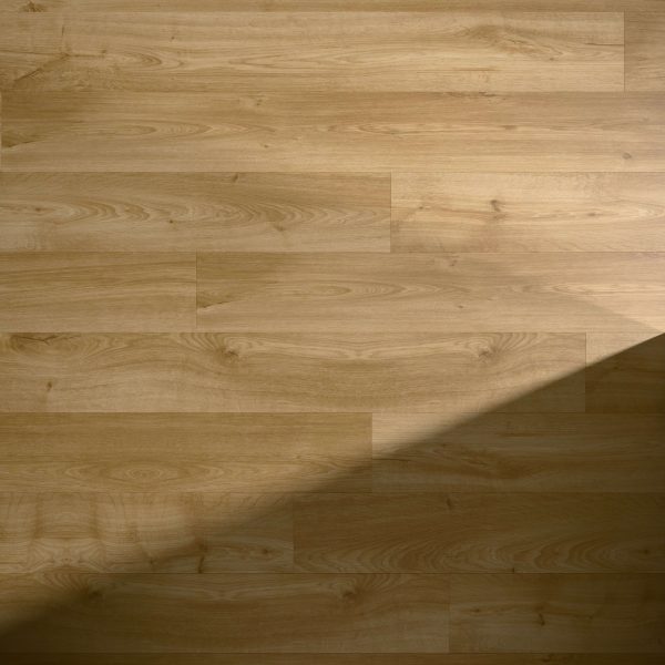Vulcan Oak light brown wooden floor features visible grain patterns with a diagonal shadow cast across the bottom right corner, highlighting the contrast between illuminated and shaded areas.