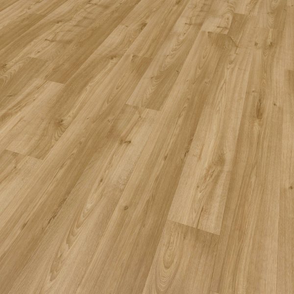 A close-up of the Vulcan Oak laminate floor highlights its light oak finish, natural wood grain patterns, and subtle color variations. The clean, smooth planks showcase the flooring’s realistic and elegant appearance.