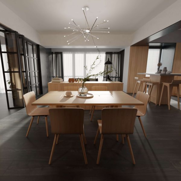 Modern dining room with Erebus Oak table and chairs, minimalist decor, large windows, dark flooring, and a stylish chandelier overhead. A vase with branches and a hat sit on the table. The kitchen area is visible in the background.
