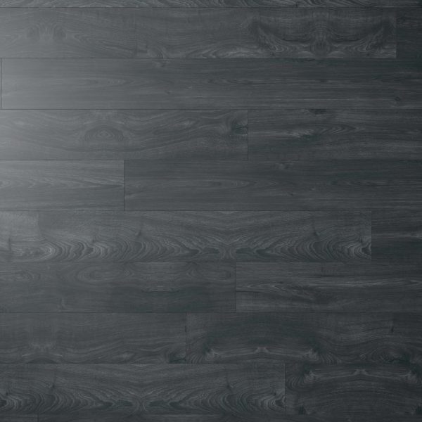 Erebus Oak features dark gray wood flooring with a smooth, matte finish and subtle natural grain patterns and knots. The neatly aligned planks create a stylish horizontal layout.
