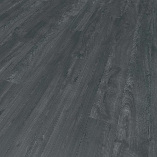 Erebus Oak features dark gray wood flooring with visible grain patterns and plank seams. Its smooth surface offers a modern, elegant look that’s ideal for interior spaces.