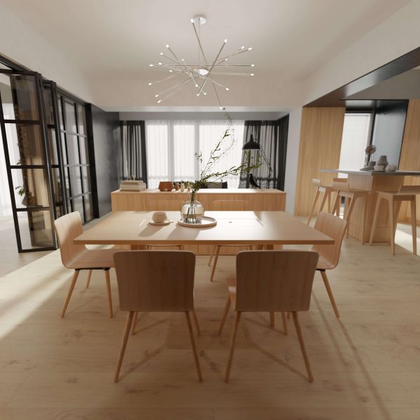 A bright, airy dining room features the Notus Oak wooden table with four chairs, a minimalist vase with branches as the centerpiece, large curtained windows, and a distinctive ceiling light above.