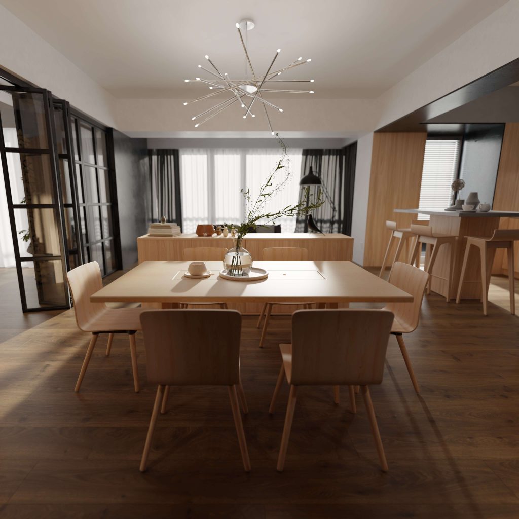 A modern dining room featuring Cadmus Oak wooden furniture, a large table set for four, a contemporary chandelier, sheer curtains on spacious windows, and a vase with branches as the centerpiece.