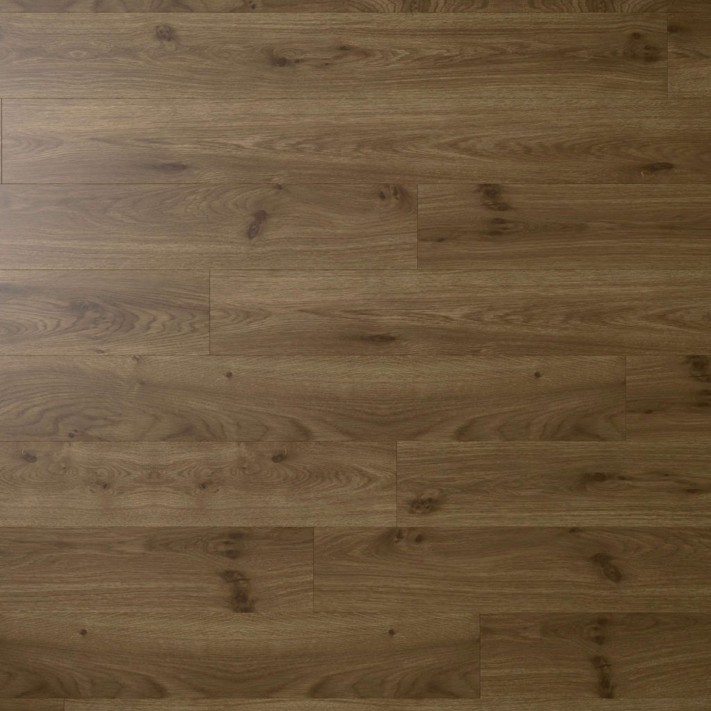 Cadmus Oak features medium brown planks with a natural grain and knots. Arranged in a staggered layout, it offers a simple, clean look and a smooth matte finish.