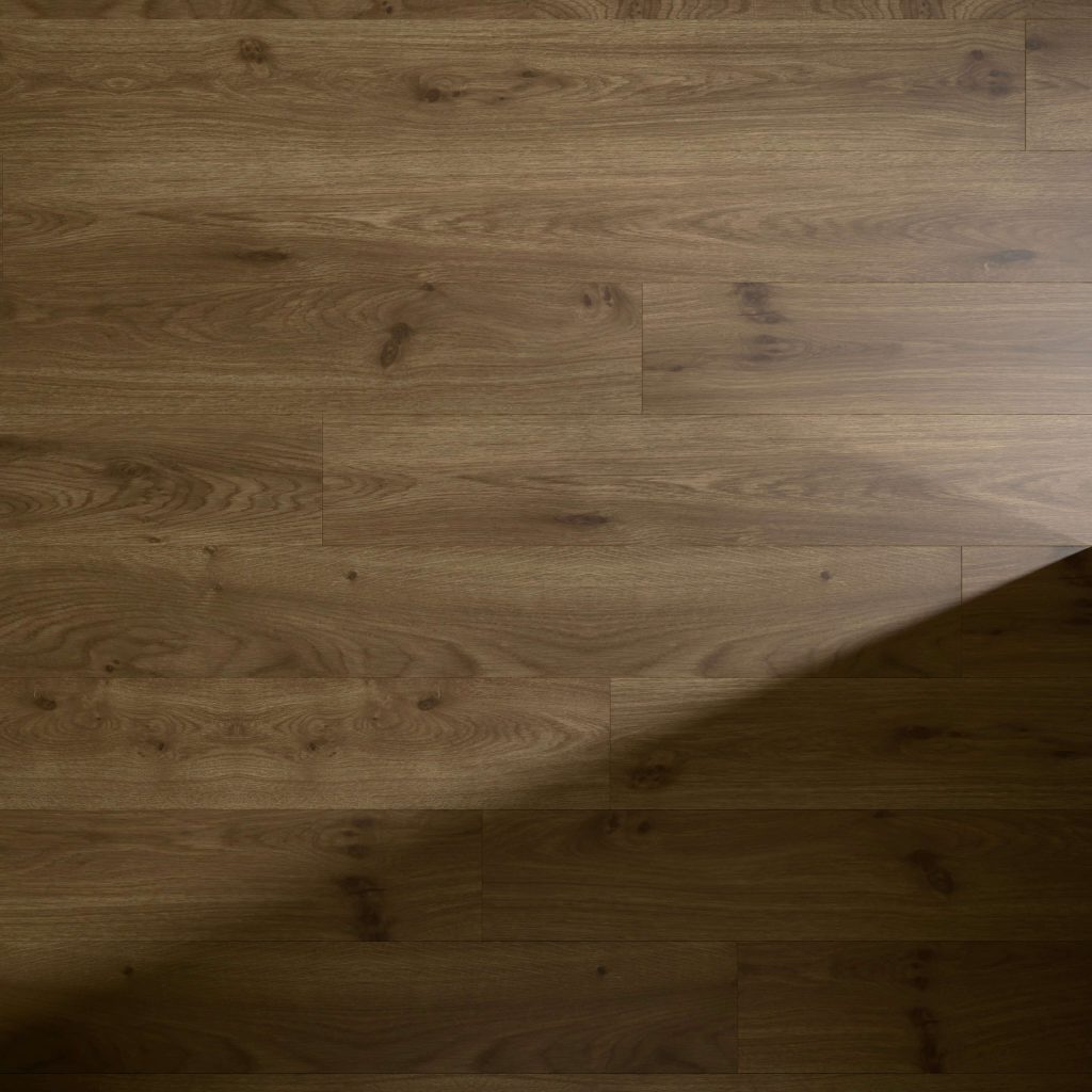 The Cadmus Oak flooring features a natural brown grain pattern, partially covered by a diagonal shadow that creates striking contrast between its lit and shaded areas.