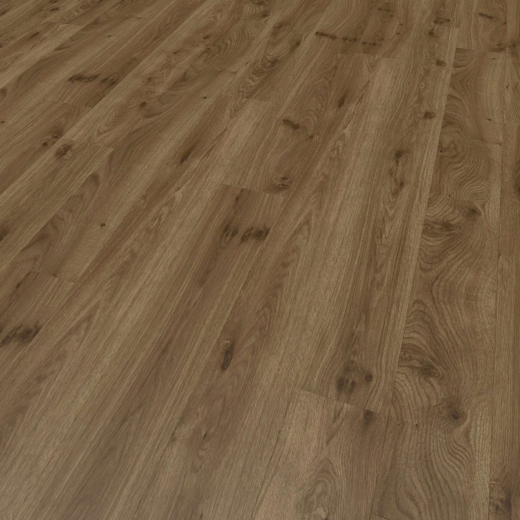 Close-up view of Cadmus Oak flooring, highlighting its brown tones, visible grain patterns, and knot details on a smooth, polished surface.
