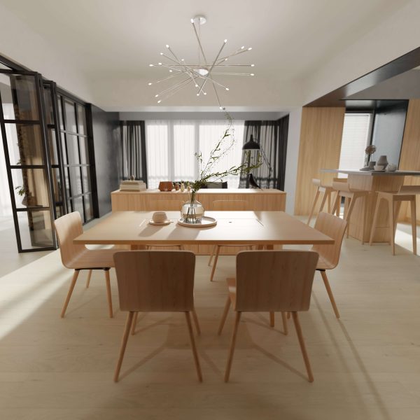 A modern dining room features Damon Oak light wood furniture—a rectangular table and four chairs—beneath a minimalist chandelier. Large windows fill the space with natural light, and the kitchen is visible in the background.