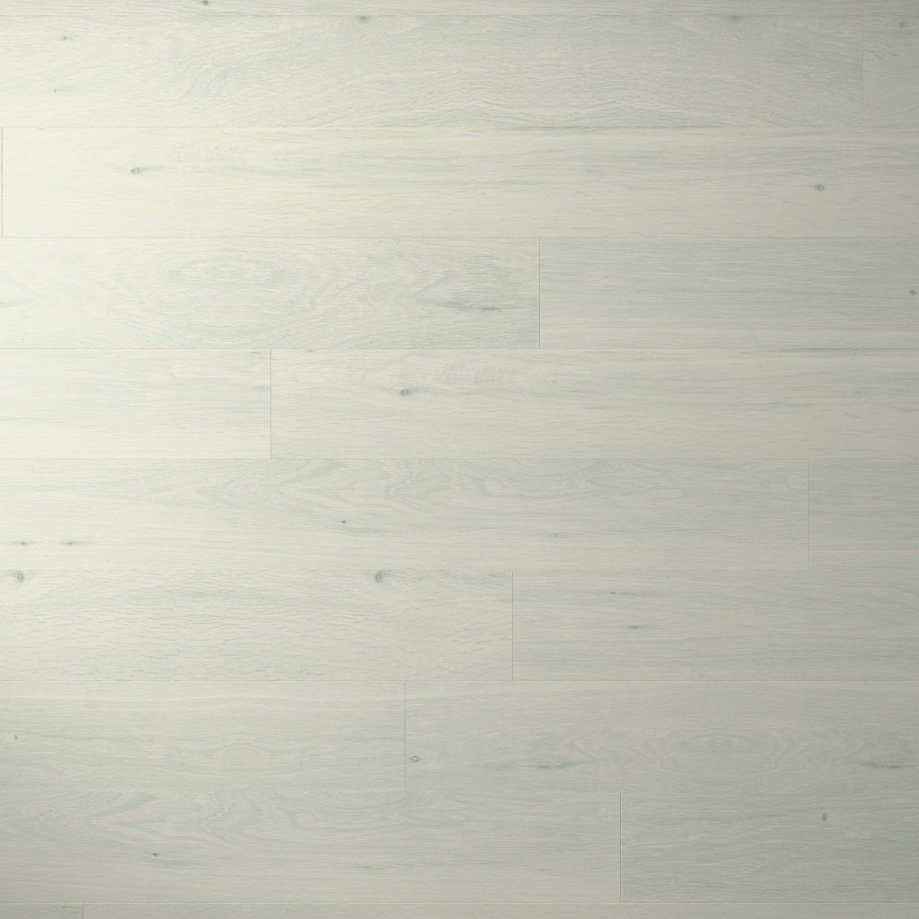 Damon Oak features light gray wooden planks with subtle grain patterns and a smooth, matte finish, arranged horizontally for a clean, modern look.