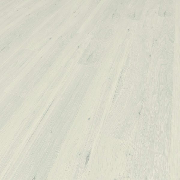 Damon Oak features a light-colored wood tone with subtle grain patterns and a smooth, matte finish. The flooring is clean, evenly laid, and creates a modern, spacious atmosphere when viewed at an angle.