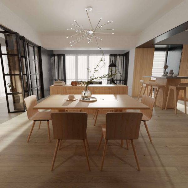 A modern dining room features the Orion Oak wooden table with four chairs, a chic vase with branches, and a minimalist chandelier. Sunlight pours through large windows dressed in sheer curtains, enhancing the serene ambiance.