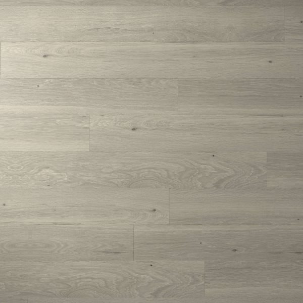 Orion Oak features light gray wooden floor planks arranged horizontally, showcasing subtle wood grain patterns and natural knots for a smooth, clean, and modern look.