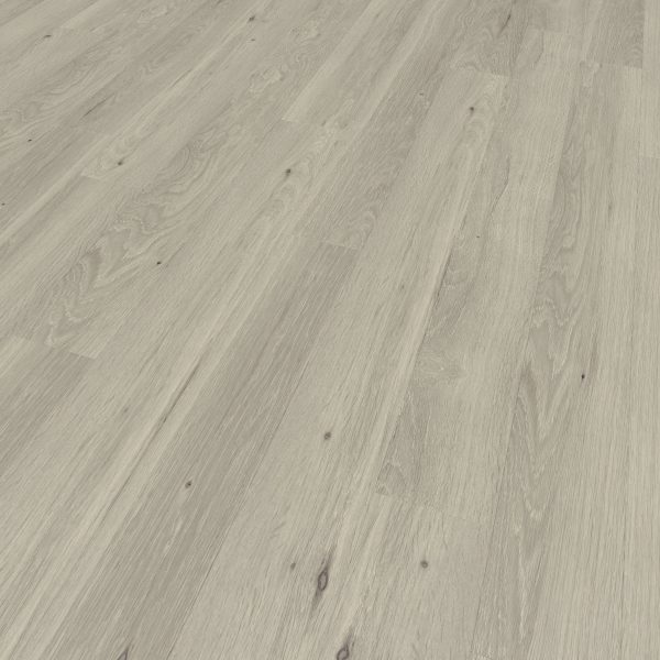 Orion Oak features a light gray wooden floor with natural grain patterns, matte finish, and subtle knots. The angled view highlights the texture and depth of the planks.