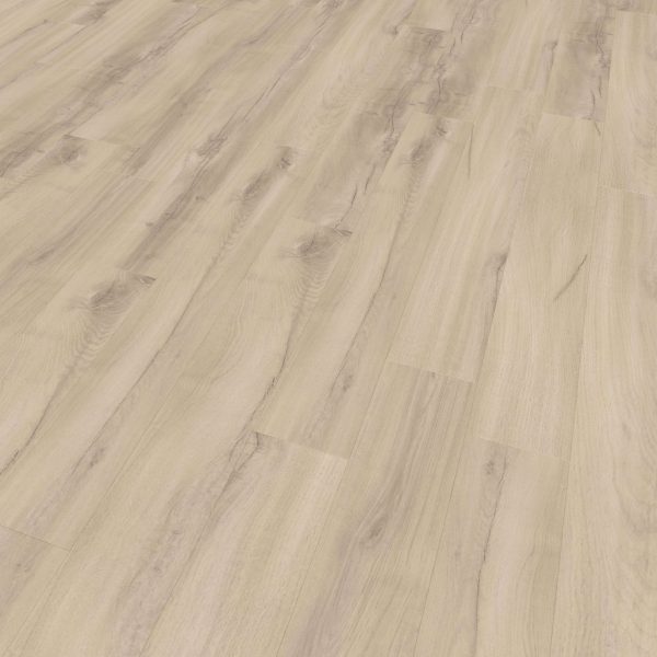 Charleroi Oak laminate flooring shown at an angle features a light wood grain with subtle natural patterns and knots. Its smooth, even finish highlights a modern, clean look.