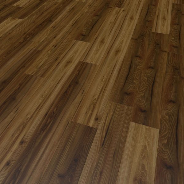 A close-up of Walcourt Hickory shows its polished wooden floorboards featuring natural grain patterns and varying brown shades, arranged in a diagonal layout.