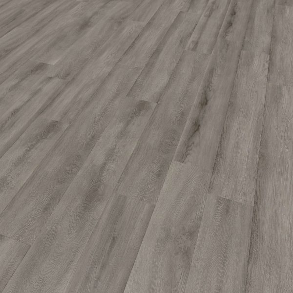 Wide view of Rochefort Oak, a light gray laminate floor featuring a wood pattern with natural grain and texture visible on the planks.