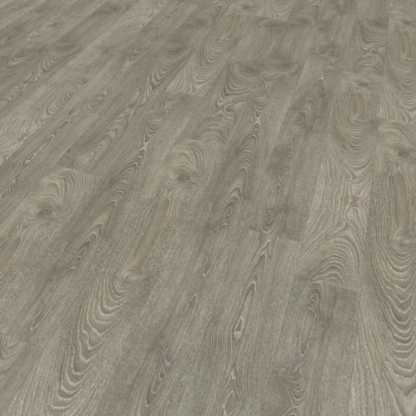 Landen Oak features light gray and beige wood grain laminate flooring with a natural textured pattern and swirling lines, showcased at an angle to emphasize its repeating plank design.