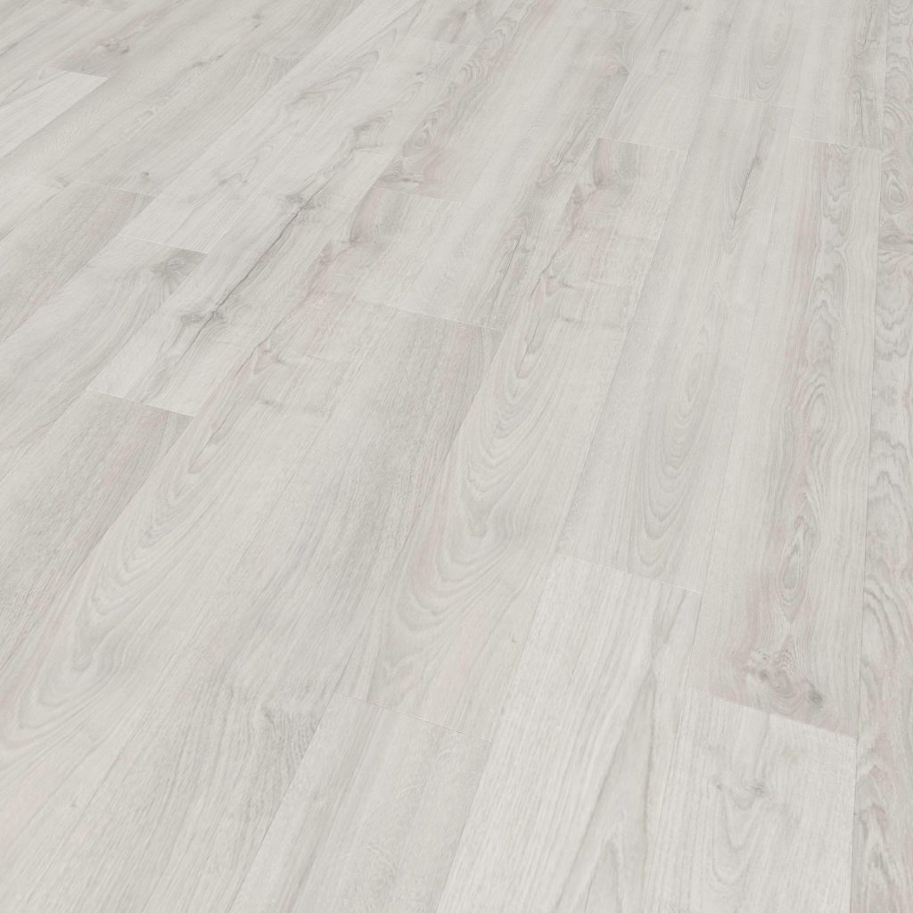 Elkington light gray wood laminate flooring features wide planks, subtle grain patterns, and a smooth matte finish for a modern, clean look.