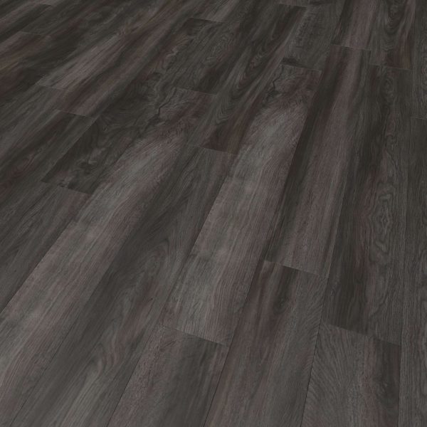 Close-up view of Cormorant* dark wood flooring with a rich, textured grain. The neatly arranged planks display deep brown and black hues, offering a sleek, modern look.
