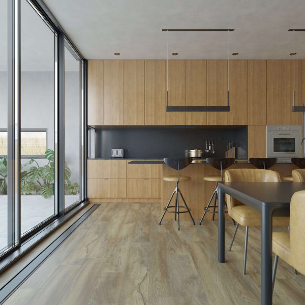 The Larose* kitchen features wooden cabinets, a dark backsplash, black barstools, a long wooden dining table with tan chairs, expansive floor-to-ceiling windows, and views of lush indoor plants outside.