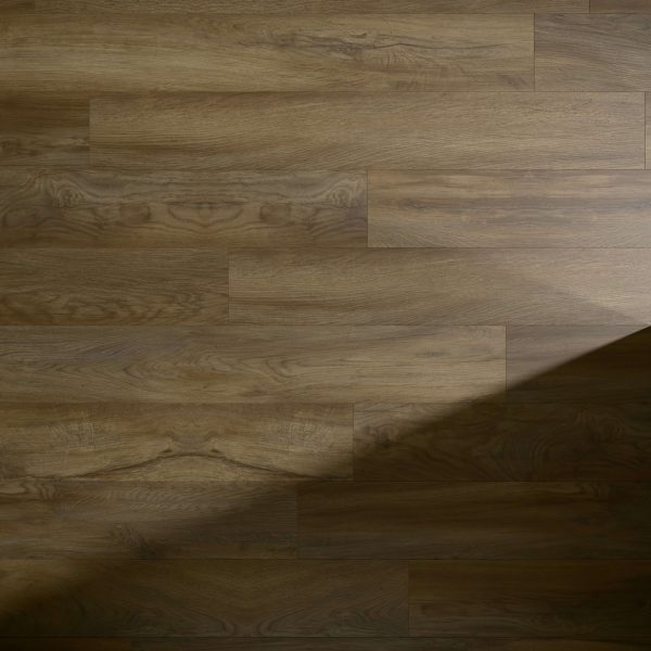 A section of Larose* brown wooden floorboards with a natural grain pattern is partially lit by a diagonal beam of sunlight from the right, creating striking light and shadow contrast.
