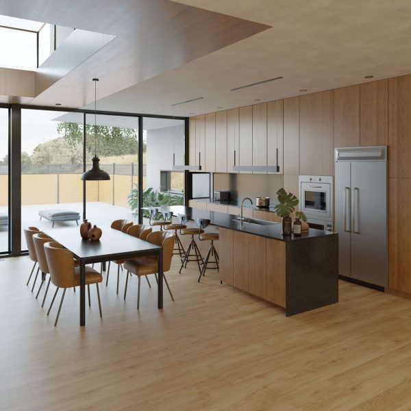 The Belvoir* features a modern kitchen and dining area with wood floors, cabinets, a long table for eight, an island with barstools, and expansive floor-to-ceiling windows that fill the space with natural light.