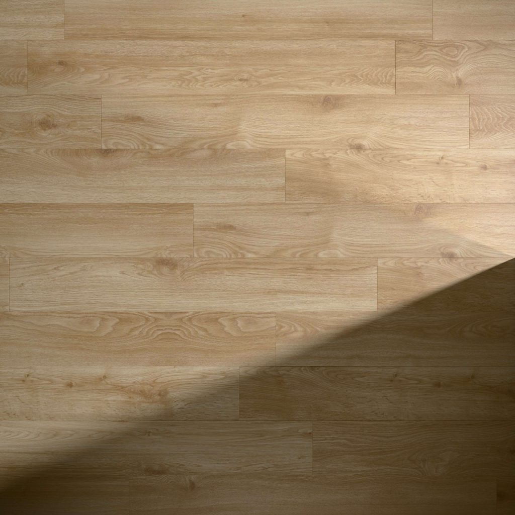 Belvoir* features light wood plank flooring with a natural grain pattern. Sunlight casts a diagonal shadow across the lower right, accentuating the floor’s texture and warm color variations.