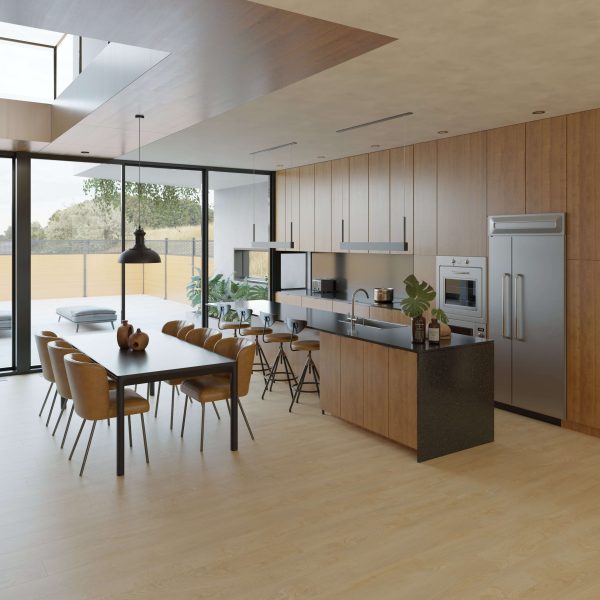 The Delta features a modern kitchen and dining area with wood cabinetry, stainless steel appliances, a spacious island with stools, brown dining chairs, and floor-to-ceiling windows offering abundant natural light and scenic views.