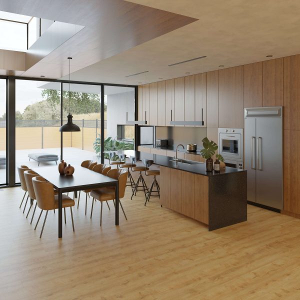 The Grizedale* kitchen features wood floors, wooden cabinets, stainless steel appliances, a spacious island with bar stools, a dining table with chairs, and large windows offering ample natural light and outdoor views.