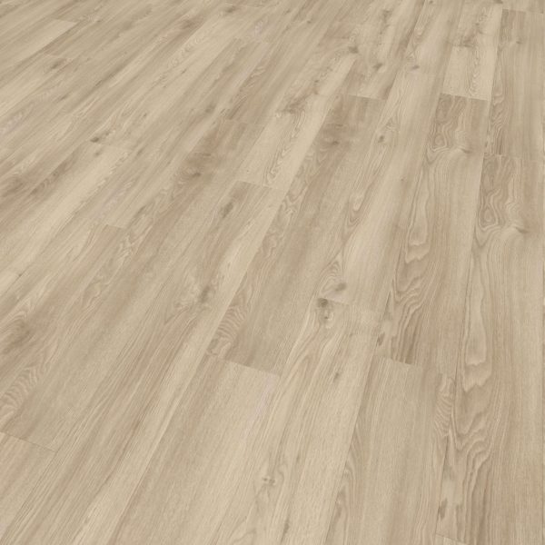 Wayne* is a light wood laminate flooring with a natural grain pattern, various beige tones, and subtle wood knots, shown diagonally to highlight its seamless, uniform installation.