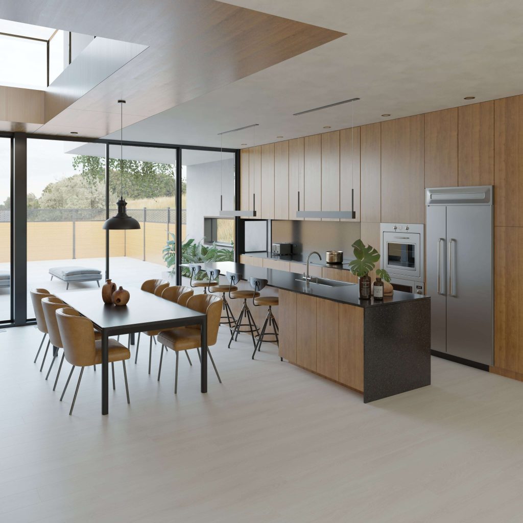 The Newborough features a modern kitchen and dining area with wood cabinetry, large stainless steel appliances, a long dining table with tan chairs, floor-to-ceiling windows for natural light, and minimalist decor in a sleek design.