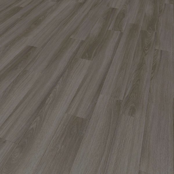 A close-up of Tollymore* dark wood laminate flooring, featuring a subtle grayish tone and visible wood grain patterns running lengthwise along the planks.