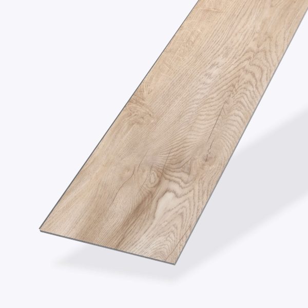 A single Haliburton* rectangular vinyl plank in light beige and tan tones, featuring a natural wood grain pattern, is displayed on a plain white background.