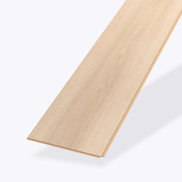 A single South Beach Oak laminate flooring plank in a light wood color is displayed on a plain white background, angled to highlight its surface texture and one interlocking edge.