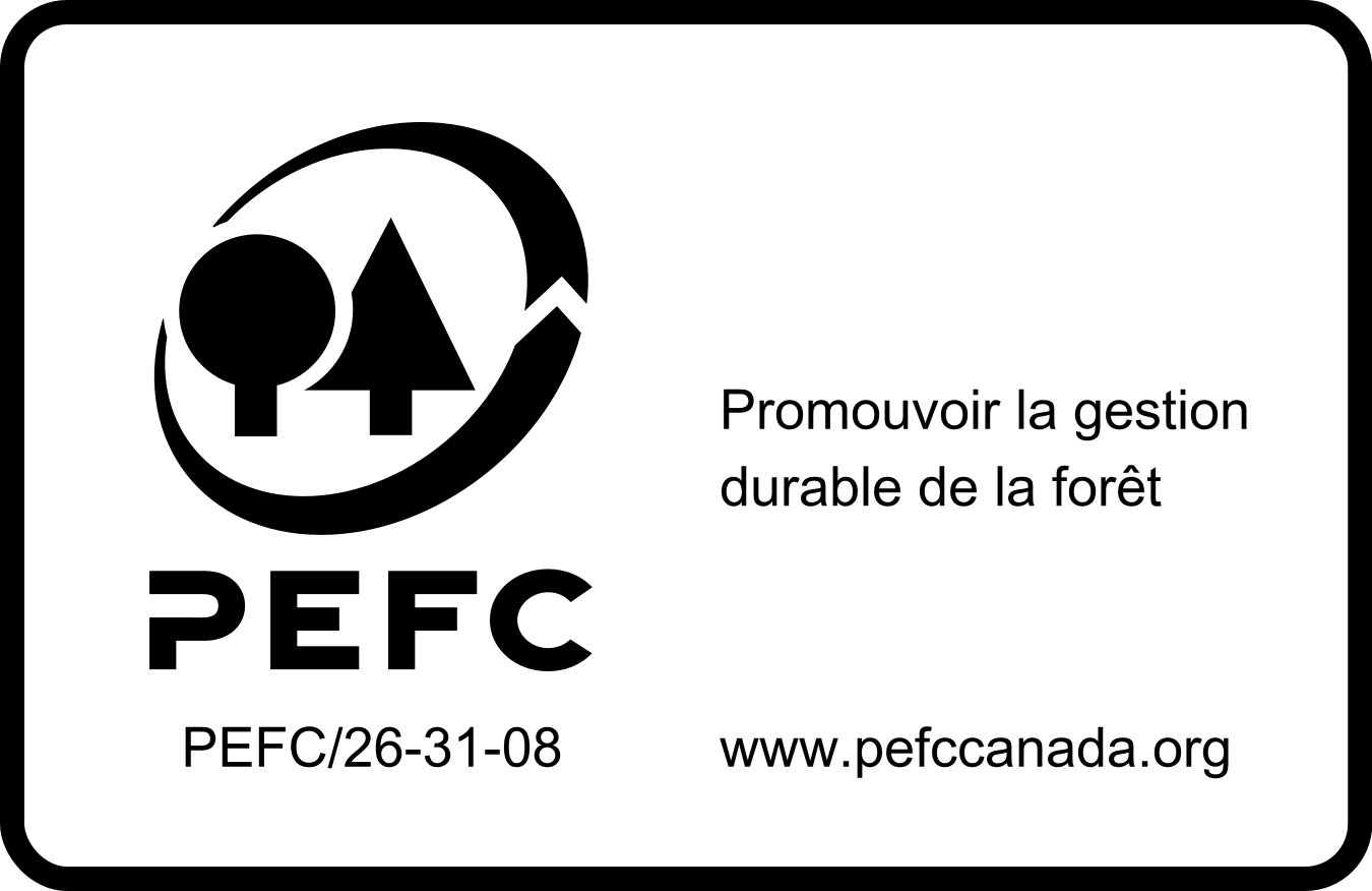 PEFC logo with a tree and pine symbol inside a circular arrow. Text: Promouvoir la gestion durable de la forêt. Below: PEFC/26-31-08 and www.pefccanada.org.