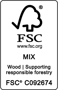 FSC certification label with a tree icon, stating FSC MIX Wood | Supporting responsible forestry, and registration code FSC® C092674. Website www.fsc.org is also shown.