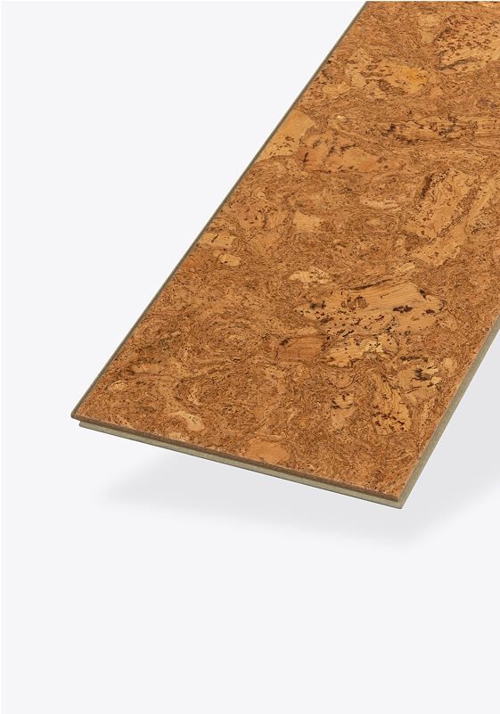 A rectangular cork flooring plank with a natural, speckled wood grain pattern, displayed against a plain light background.