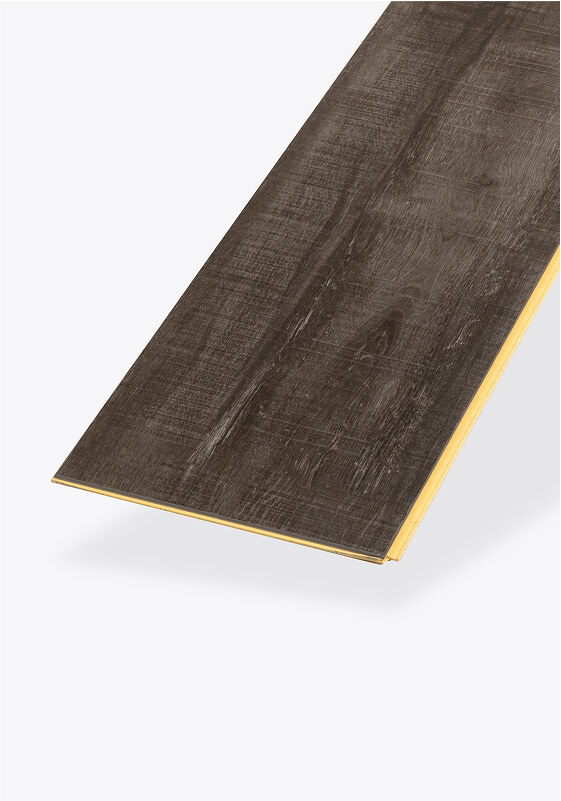A single dark brown wooden flooring plank with visible grain texture, shown isolated on a light background, angled to display both surface and side edges.