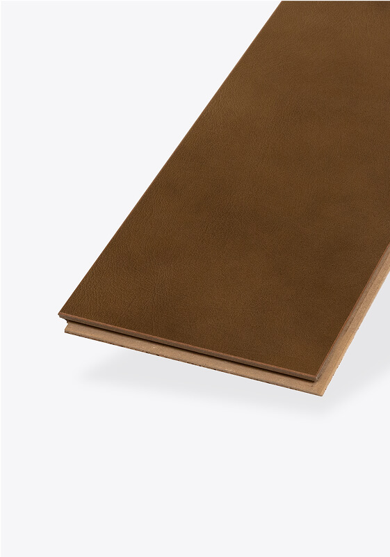A close-up of a single brown wooden plank with a smooth, slightly textured surface and interlocking edges, isolated on a white background.