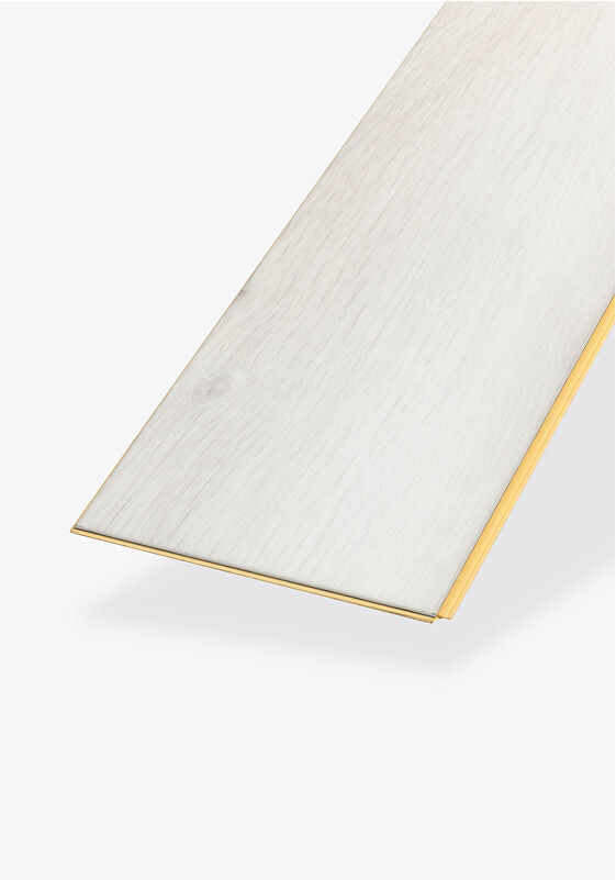 A single, rectangular plank of light-colored laminate flooring with a wood grain texture, shown at an angle against a plain white background.
