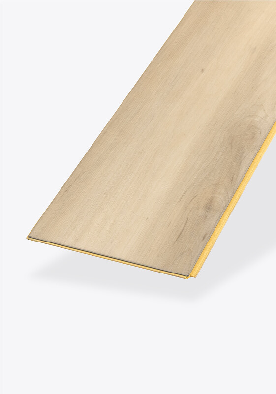 A single plank of light wood-look flooring with subtle grain patterns, displayed on a white background and angled to show its edge and thin profile.