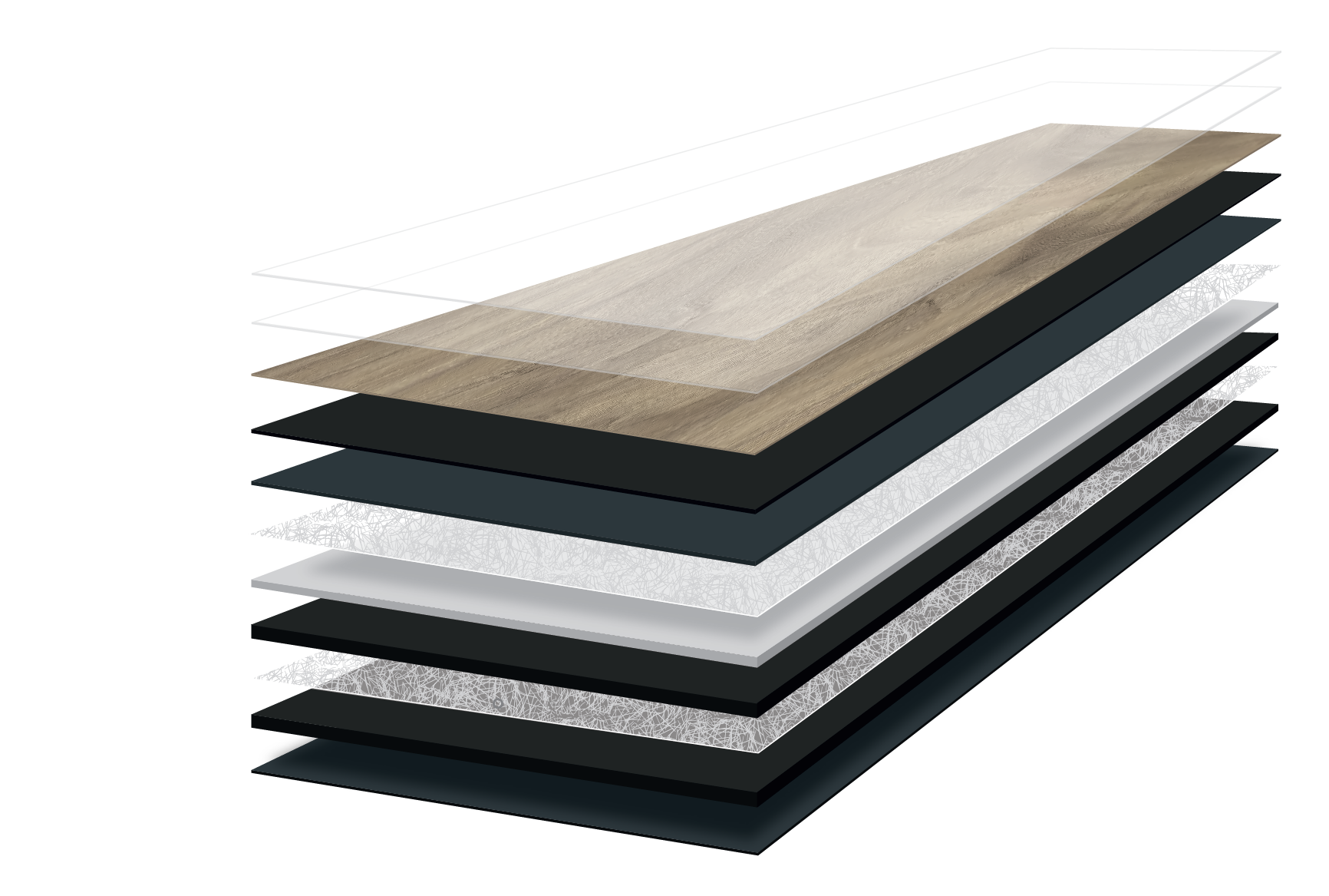 A perspective view of a multi-layered panel with nine different material layers, including wood and black layers, shown separated and floating above each other on a light background.