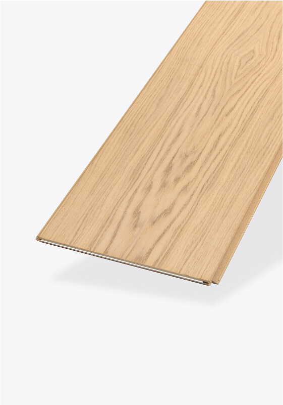 A single light woodgrain laminate flooring plank is shown against a plain white background, highlighting its surface texture and natural wood pattern.