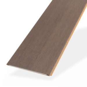 A single Veneto Oak R&Q rectangular plank with a smooth finish and natural wood grain is shown at an angle on a light gray background, featuring clean edges.